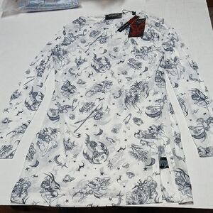 Killstar Dazed Skull Sheer Mesh Mini Dress White w Black Gothic Tattoo Print XL